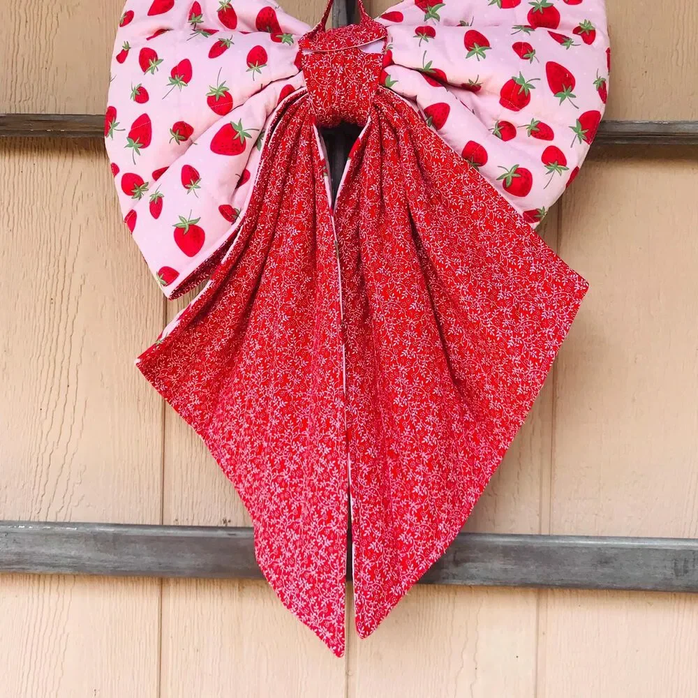 Giant Large Quilted Door Bow, Seasonal, Oversized Fabric Bow, Cottage Core Straw